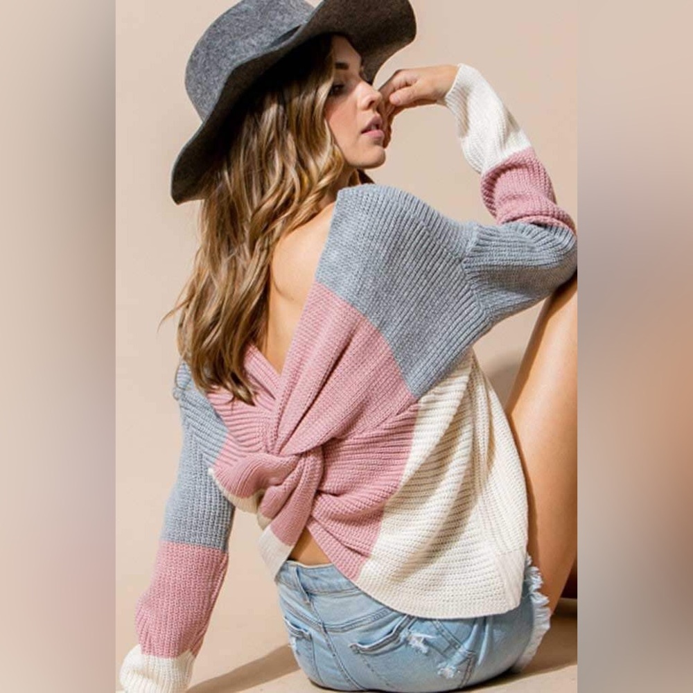 Colorblock Sweater with Bow Back